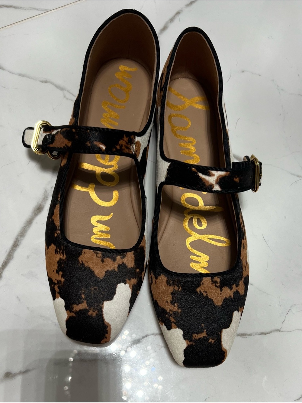 Sam Edelman Cowprint Mary Jane Flats in Brown Black White
